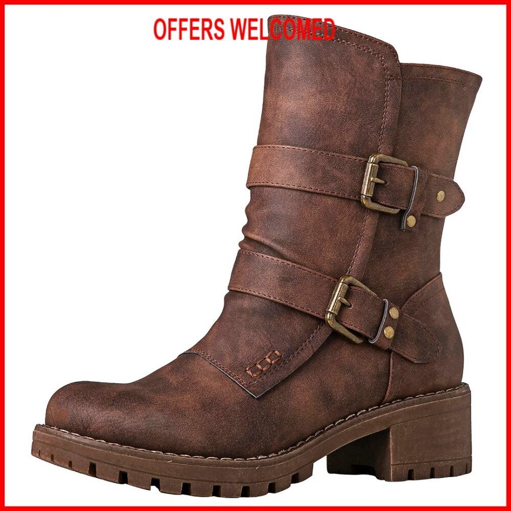 Lace Up Mid Calf Motorcycle Combat Boots with Side Zipper